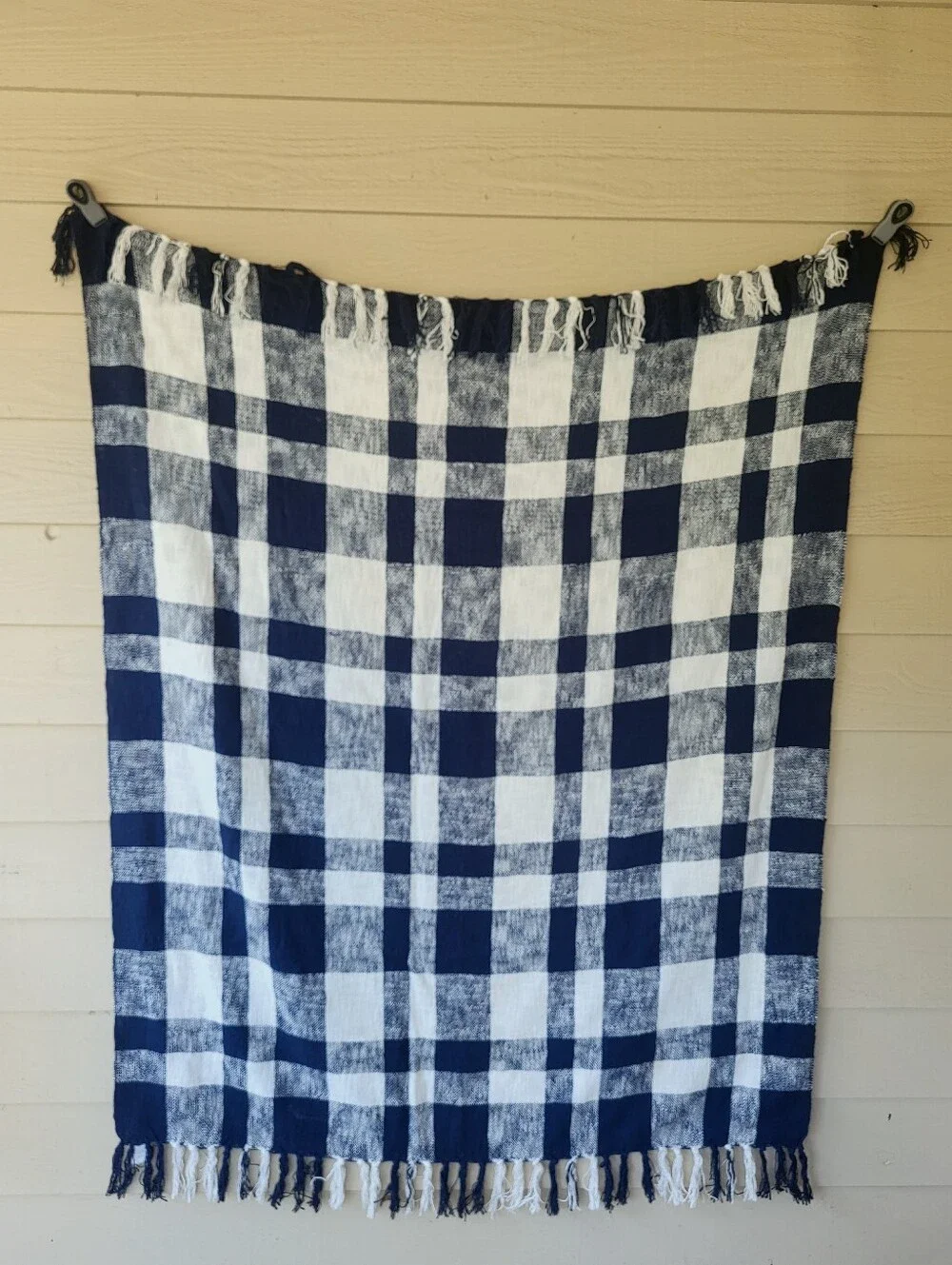 Pottery Barn Navy & White Plaid 100% Cotton Throw Blanket 50x60 Fringe